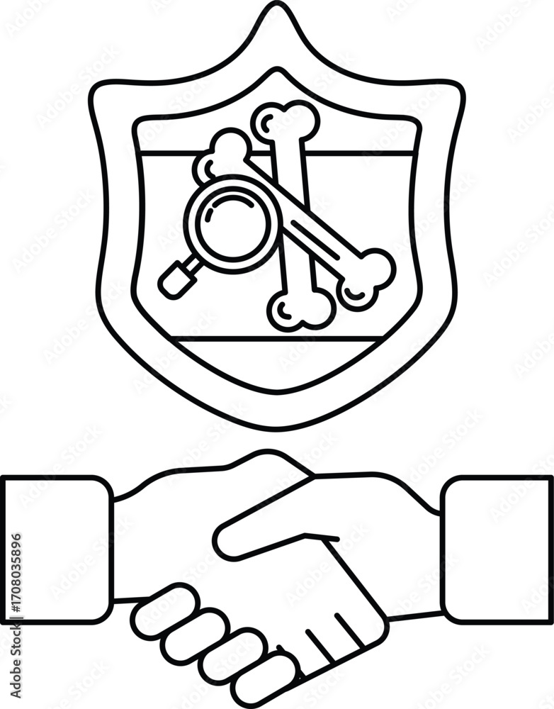 Poster a black and white image of two hands shaking with a shield behind them