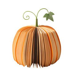 Creative pumpkin shaped book with orange pages and a green stem and leaf isolated on transparent background