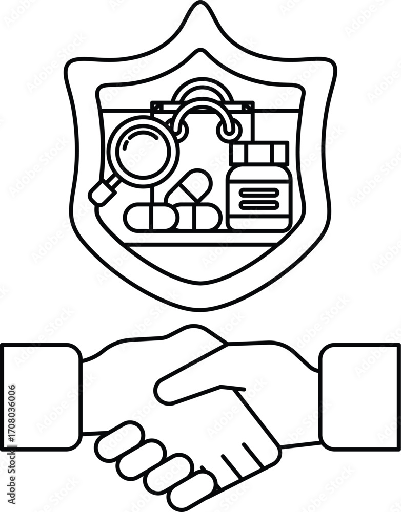 Poster a black and white image of two hands shaking with a shield behind them