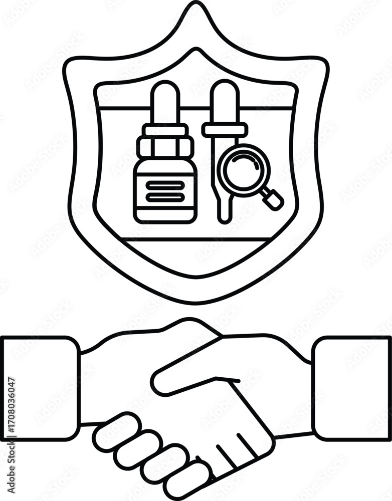 Poster a black and white image of two hands shaking with a shield behind them