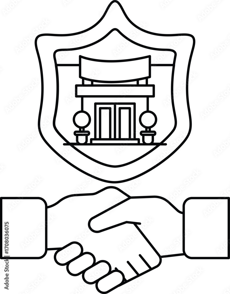 Poster a black and white image of two hands shaking with a shield behind them