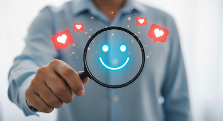 Discovering Happiness Hand Holding Magnifying Glass with Smiling Face Surrounded by Heart Icons Social Media Engagement