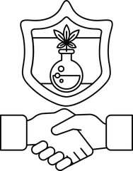 A black and white drawing of two hands shaking hands with a shield behind them