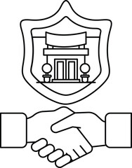 A black and white image of two hands shaking with a shield behind them