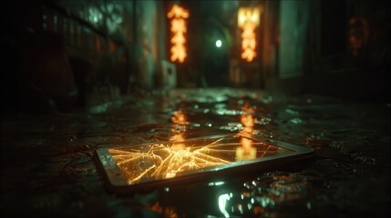 A broken smartphone lies in a flooded alley, reflecting neon lights, conveying a sense of urban decay, Ideal for concepts like technology failure, loss, or the impact of environment on gadgets,