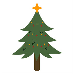 Obraz premium Flat style illustration of a classic Christmas tree with a yellow star topper and scattered red and gold ornaments, perfect for festive greeting cards and seasonal holiday projects