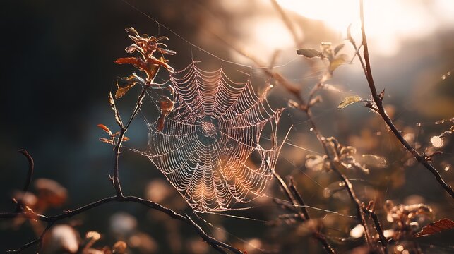 Detailed Spider Web on Dry Branches in Warm Backlit Setting - Powered by Adobe