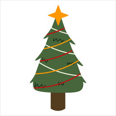 Obraz premium Flat style illustration of a decorated Christmas tree with layered red, white, and gold garlands and a bright star topper, ideal for holiday-themed designs and festive seasonal projects