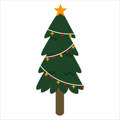 Flat style illustration of a tall Christmas tree with garlands, colorful ornaments, star topper, and dark green branches, perfect for festive projects, holiday cards, and seasonal decorations