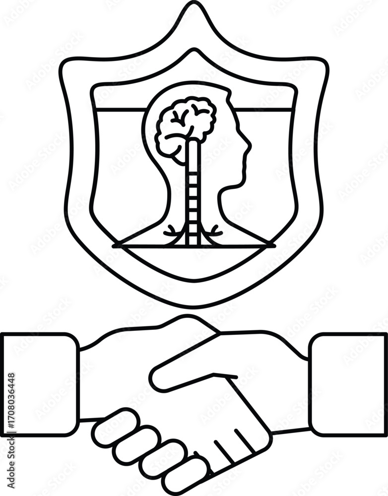 Poster a black and white image of two hands shaking with a shield behind them