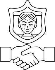A woman is holding hands with another person and a shield is behind them