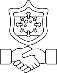 A white and black drawing of two hands shaking hands with a shield behind them