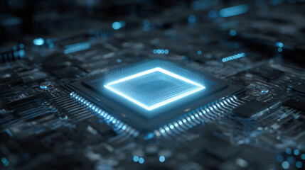 A close up view of a glowing blue microchip on a circuit board surface