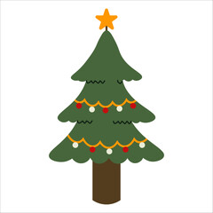 Flat style illustration of a decorated Christmas tree with a star on top, red and white ornaments, and golden garlands, perfect for festive designs and seasonal holiday projects