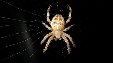 Obraz premium A close-up image of a spider resting on its web against a dark background, showcasing intricate details of its body and legs, This photo can be used for educational materials, nature blogs