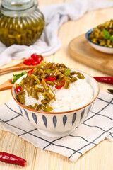 Pickled Vegetable Rice Bowl with Soaked Greens and Red Peppers Asian Meal