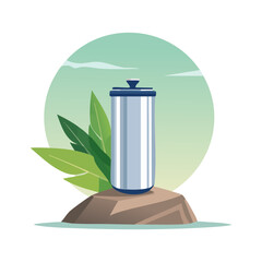 Eco-friendly stainless steel travel mug or tumbler for outdoor activities, set against a natural landscape. Vector svg illustration