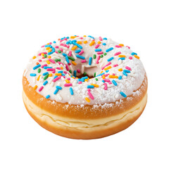 Delicious white frosted donut with colorful sprinkles overhead studio shot isolated on transparent background