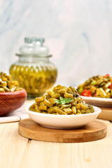 Pickled Cowpea Beans Traditional Farmers Cuisine Display on Wooden Board