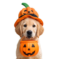 Adorable golden retriever puppy wearing a cute pumpkin hat and trick or treat bucket isolated on transparent background