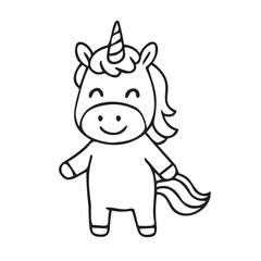 Black and white vector illustration of a cute smiling unicorn. Simple and charming design perfect for coloring books, children's materials, and projects.