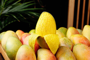 Hainan Guifei Sweetheart Mango Tree-Ripened Tropical Fruit Display with Palm Background