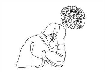 Obraz na płótnie Canvas Continuous one line drawing man in depression, stressed, headache and despair. Single line art illustration of confusing and stressed person. Hand drawn one line vector. Editable stroke 