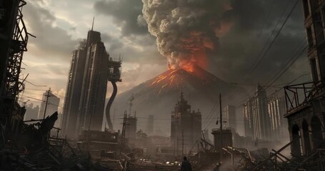 Responding to volcano eruption survivor standing amid ruins with lava flowing, listening for danger - Powered by Adobe