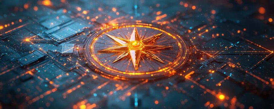Abstract Digital Compass with Glowing Elements Represents Navigation and Guidance - Powered by Adobe