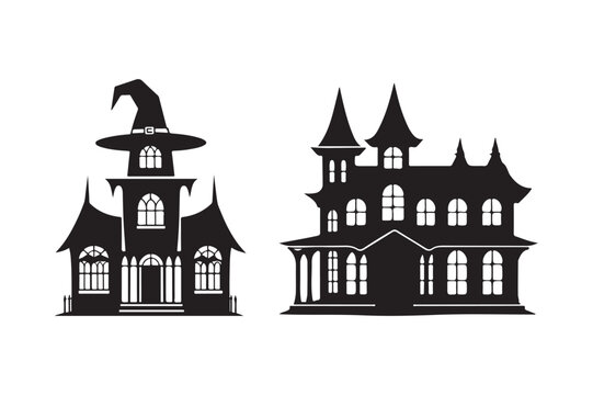 Spooky halloween silhouettes of haunted houses and witch hat house
