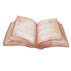 Open book with pages containing text. Watercolor illustration in vintage style. Educational item or an antique book containing letters and spells. library. White background, hand drawn illustration.
