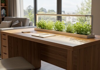 Modern workspace with wooden desk and indoor herb garden under bright natural light