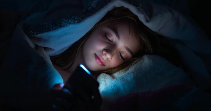 Turning on smartphone screen illuminating teen girl in blanket in bedroom, reading messages