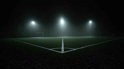 Naklejka premium A dimly lit football field under foggy conditions, illuminated by stadium lights, creating a mysterious atmosphere, Ideal for sports-themed articles, ads