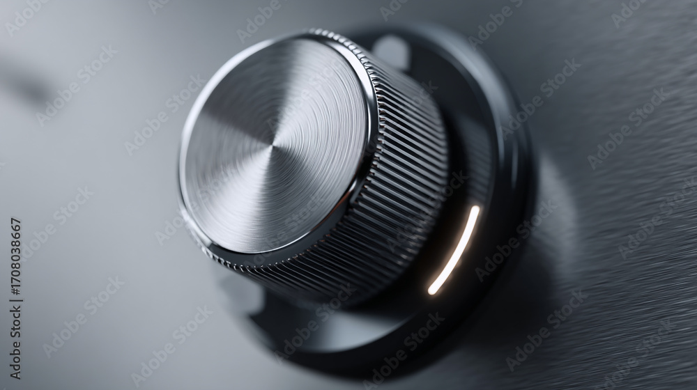 Poster close up of a metallic knob with a light indicator on a gray surface