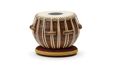 Close-up shot of a Tabla drum resting on a small cushion. The wooden instrument has intricate details and a warm, inviting tone