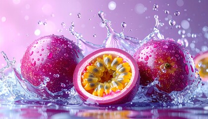 Water splash with passion fruits