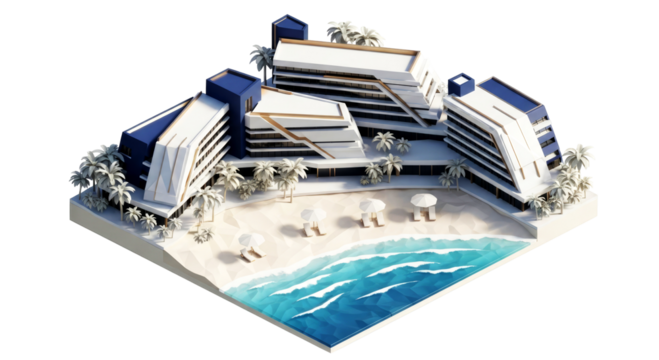 luxury beachfront resort modern architectural 3d model, isolated on transparent background