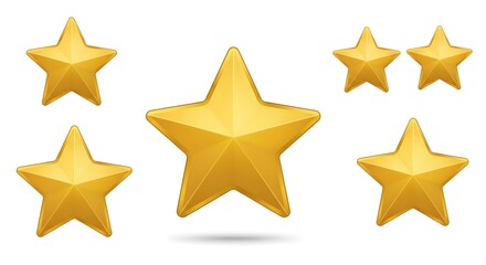 Obraz premium Collection of golden stars. A variety of shiny, gold, five-pointed stars appear in a range of sizes