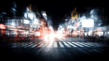 Obraz premium Blurred nighttime city street with illuminated crosswalk and motion light trails