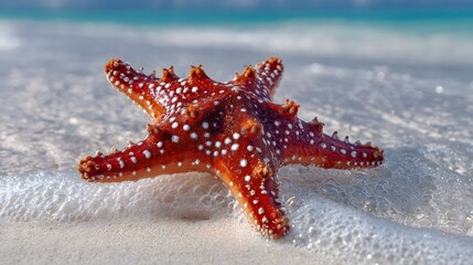 Bright Red Starfish Resting Near Ocean Waves