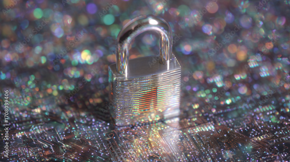 Poster a shiny padlock sitting atop a reflective circuit board with bokeh lights