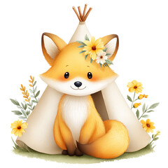 Cute fox camper near tent watercolor woodland animal illustration