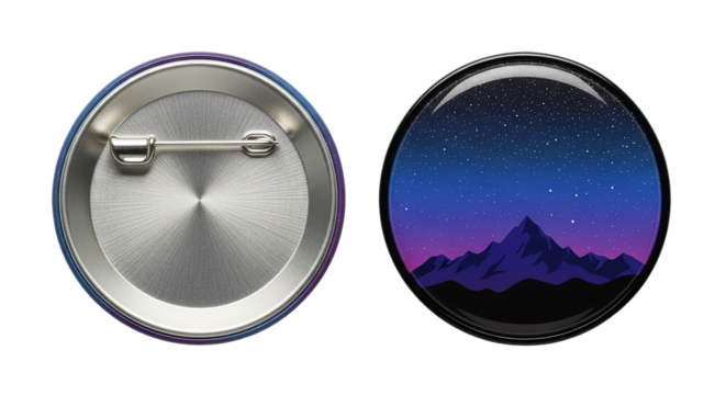 A badge displaying a majestic mountain range beneath a starlit sky reminiscent of adventure on transparent background