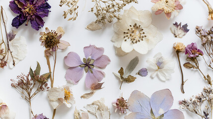 Assorted Pressed Dried Flowers In Purple And Cream Tones On White Background