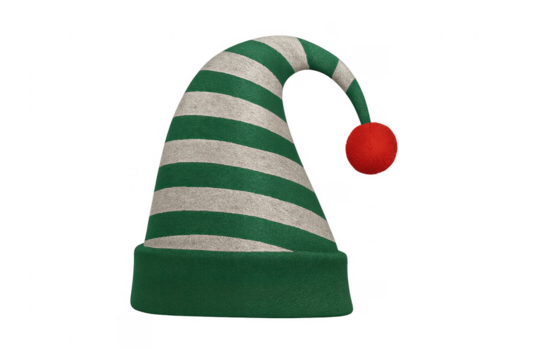 Green and white striped christmas elf hat with red pompom on transparent background