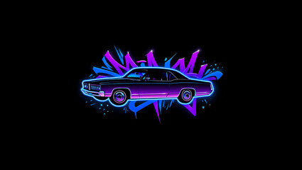 Vibrant neon retro car glowing with electric purple and blue energy against abstract graffiti shapes