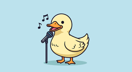 A cute cartoon yellow duckling singing into a microphone with musical notes floating around its head on a light blue background, representing a performance or a song