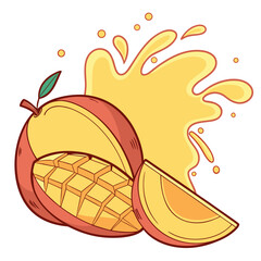 Vector art of a vibrant cartoon illustration showcasing a ripe mango with a splash of juice, the image features a whole mango, a slice, and a burst of refreshing juice