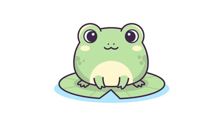 Cute cartoon frog sitting on a lily pad, , with big eyes and a small smile, perfect for childrens illustrations and naturethemed designs